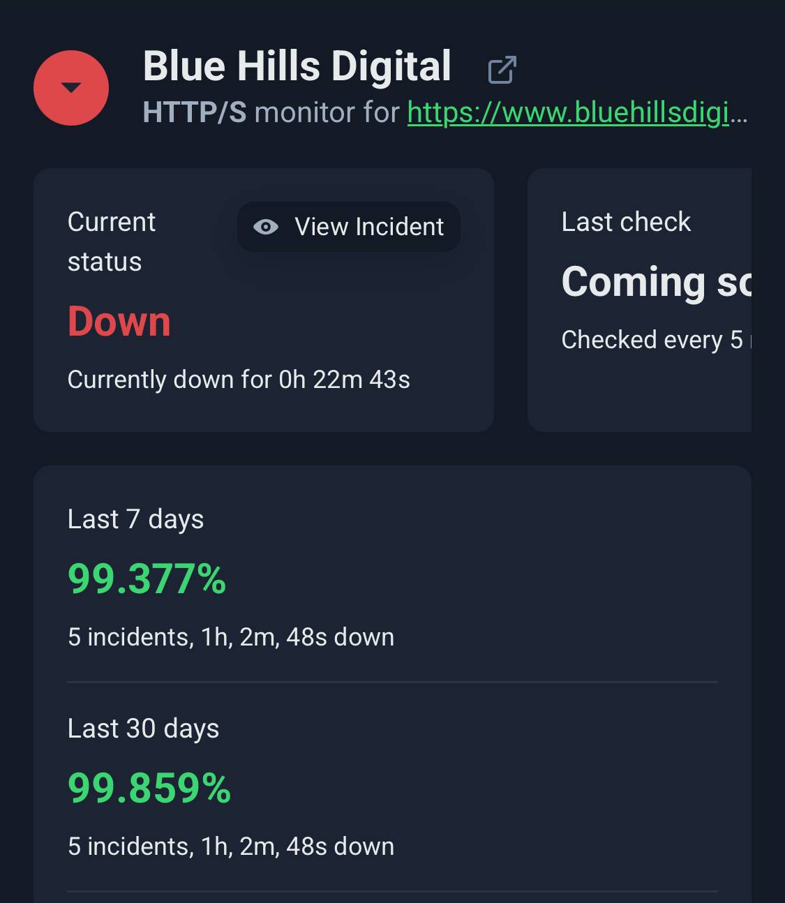 Screenshot of a monitor from UptimeRobot showing that a website is offline