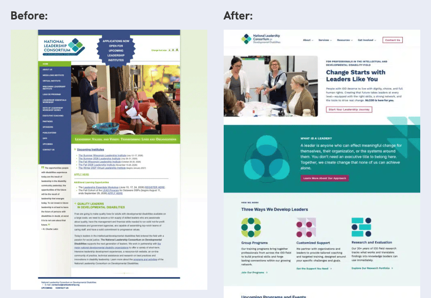 Screenshots of the previous and new NLCDD websites side by side