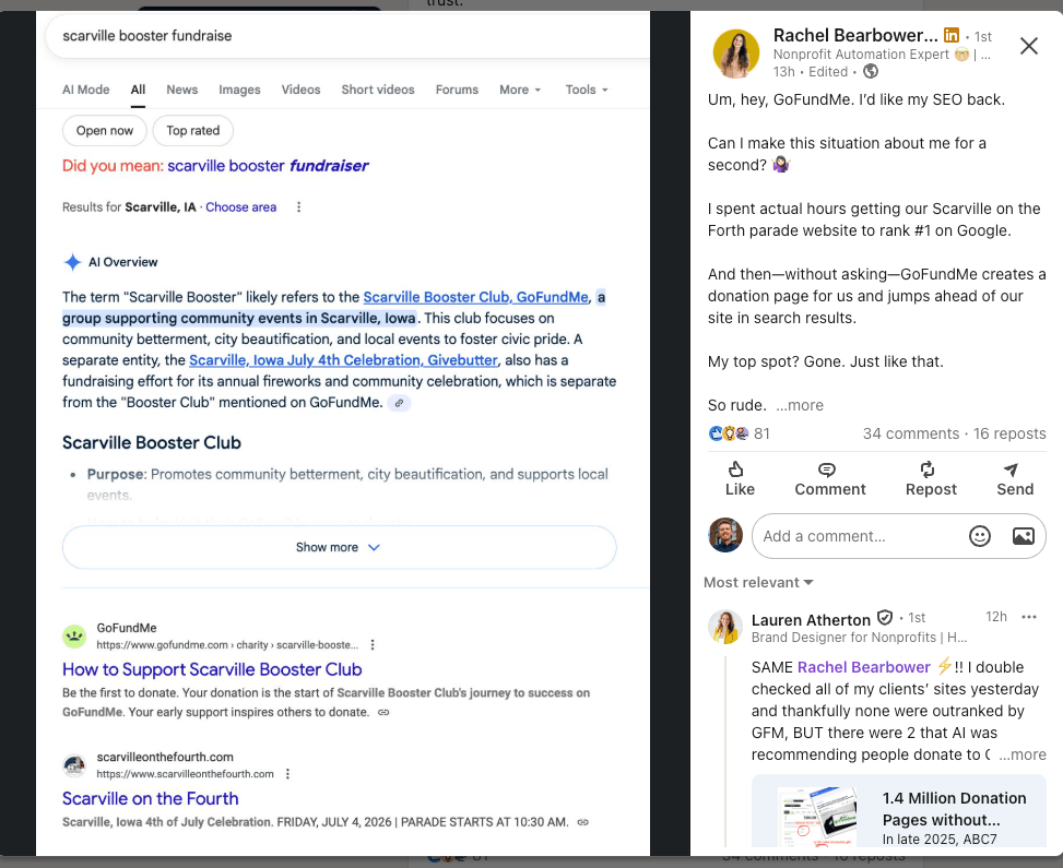 LinkedIn post showing a screenshot of a Google search result in which the GoFundMe page displays above the organization's own website