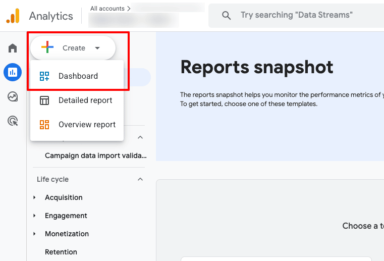 Screenshot from Google Analytics highlighting the Create > Dashboards button in the Reports interface