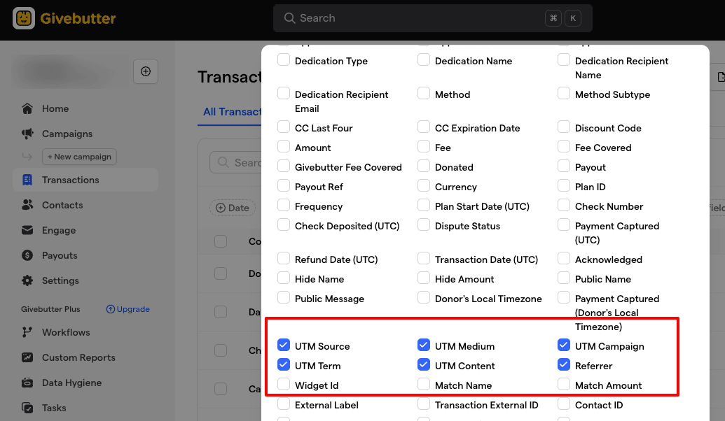 Screenshot from the Givebutter donation data export screen, with UTM fields highlighted