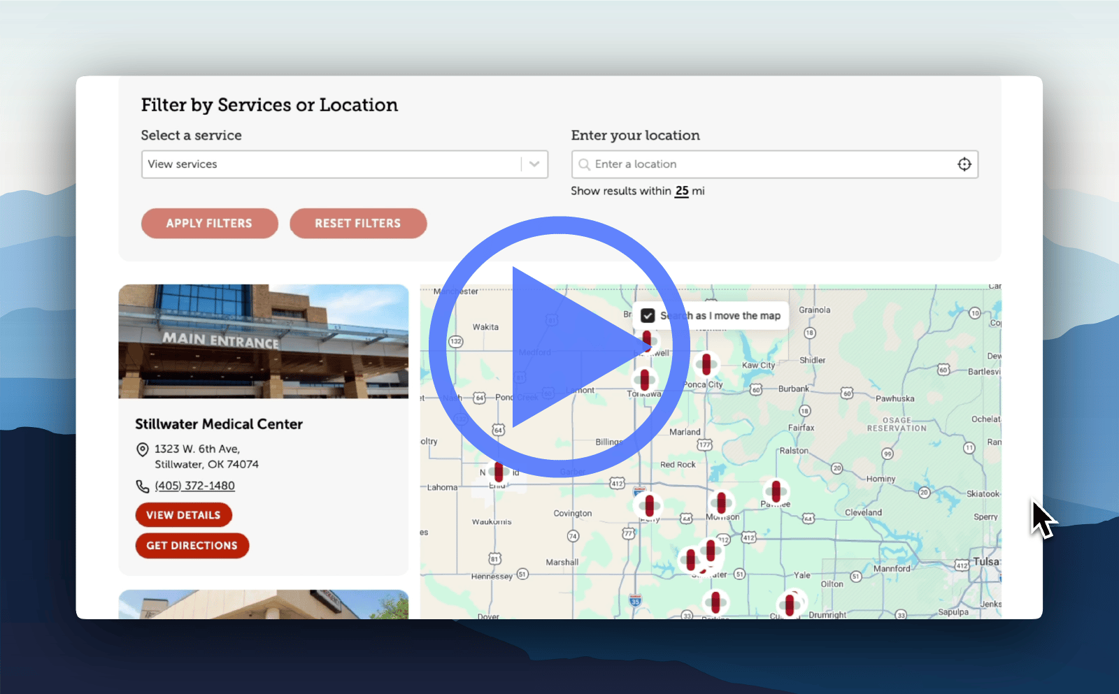 Screenshot of a video demo with a play icon, with a map and search interface visible.