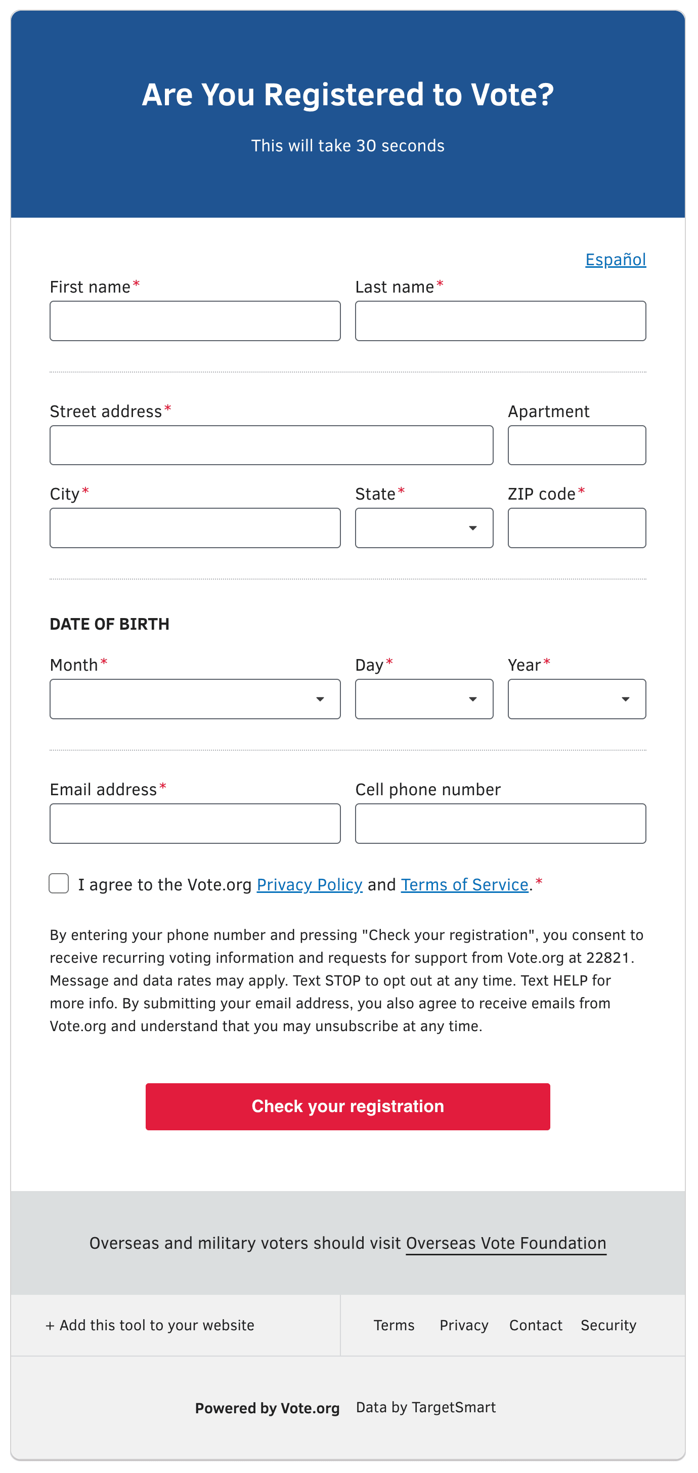 Preview of the vote.org check your voter registration widget