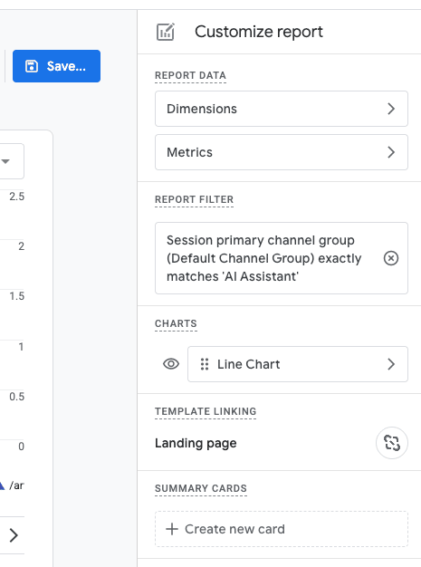 Screenshot of the Google Analytics Customize Report panel with a filter applied for session primary channel group exactly matches AI Assistant