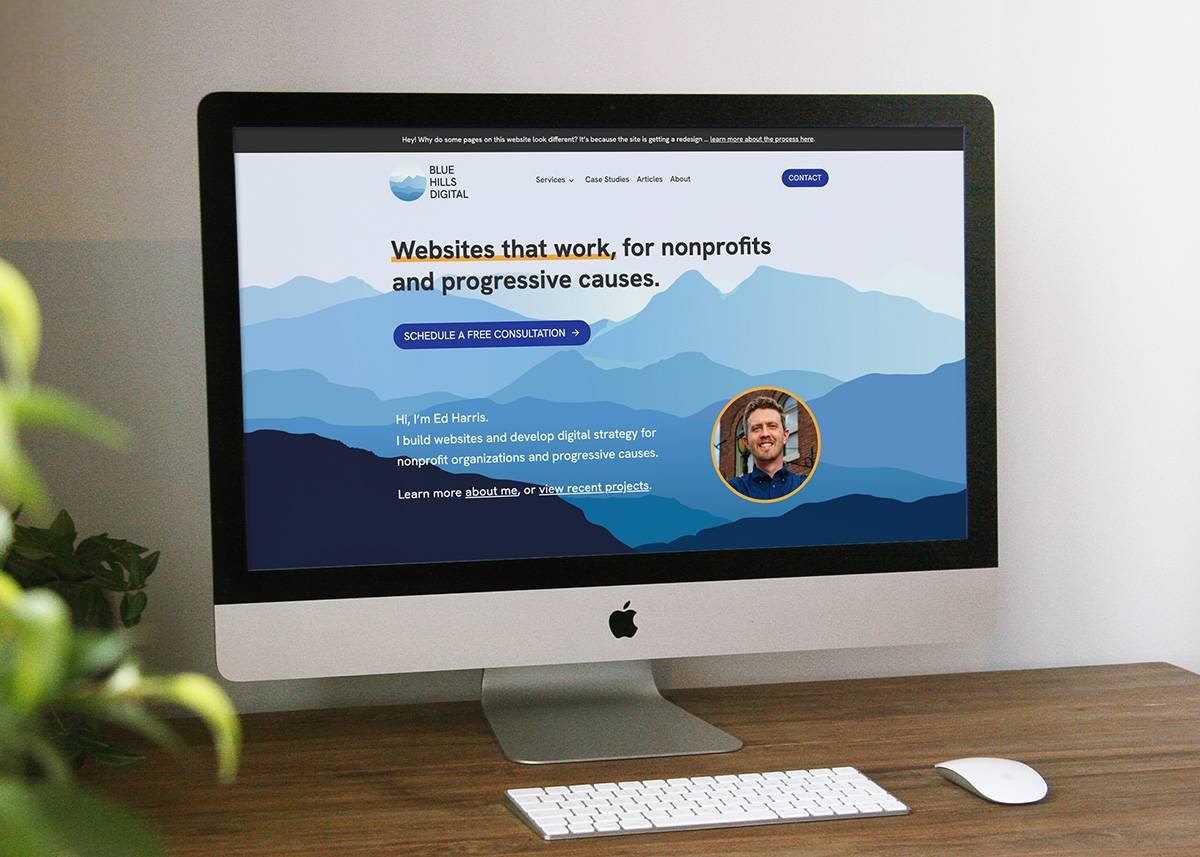 Image of a iMac displaying the updated Blue Hills Digital website homepage