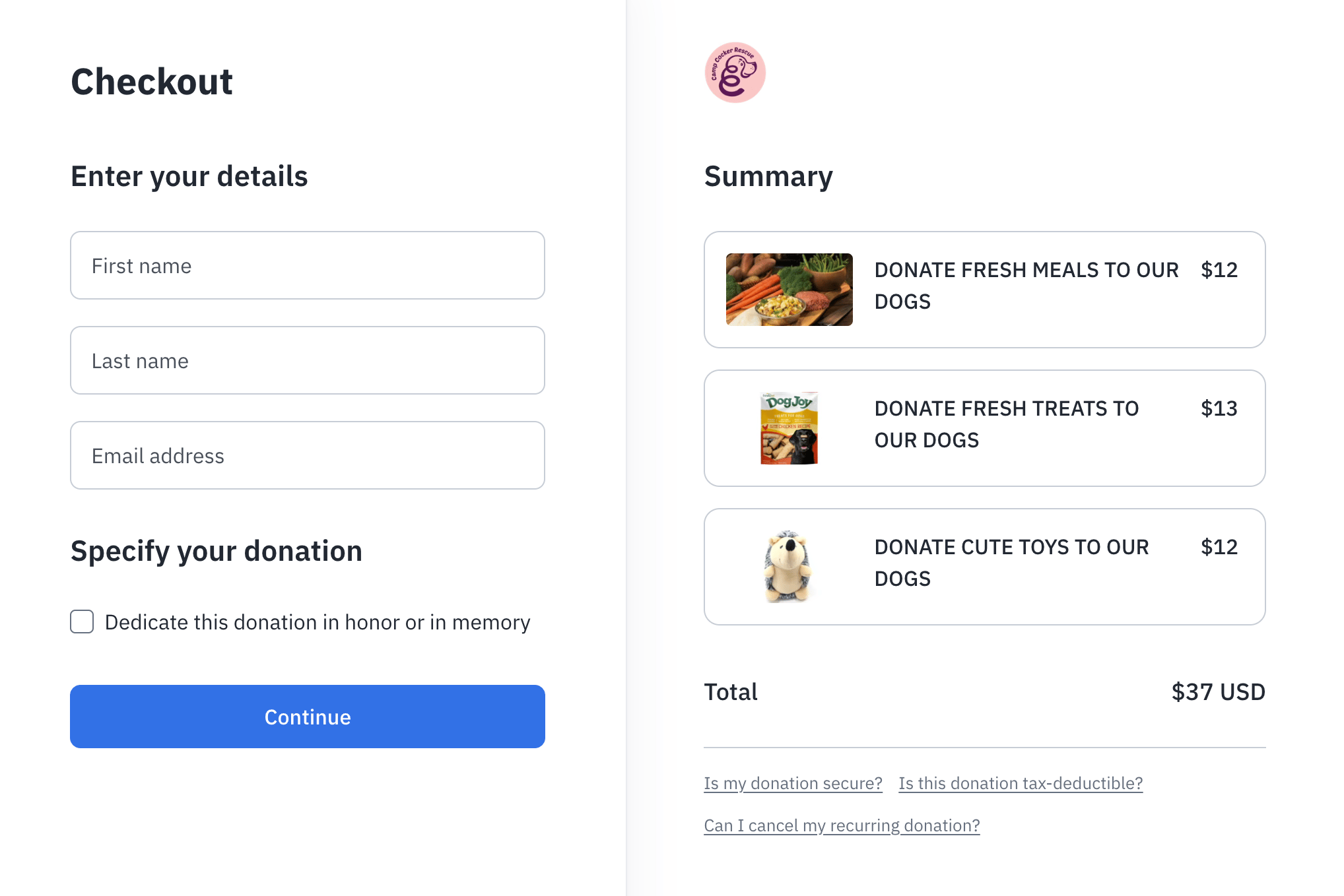 Screenshot of the checkout from Fundraise Up's gift cart feature