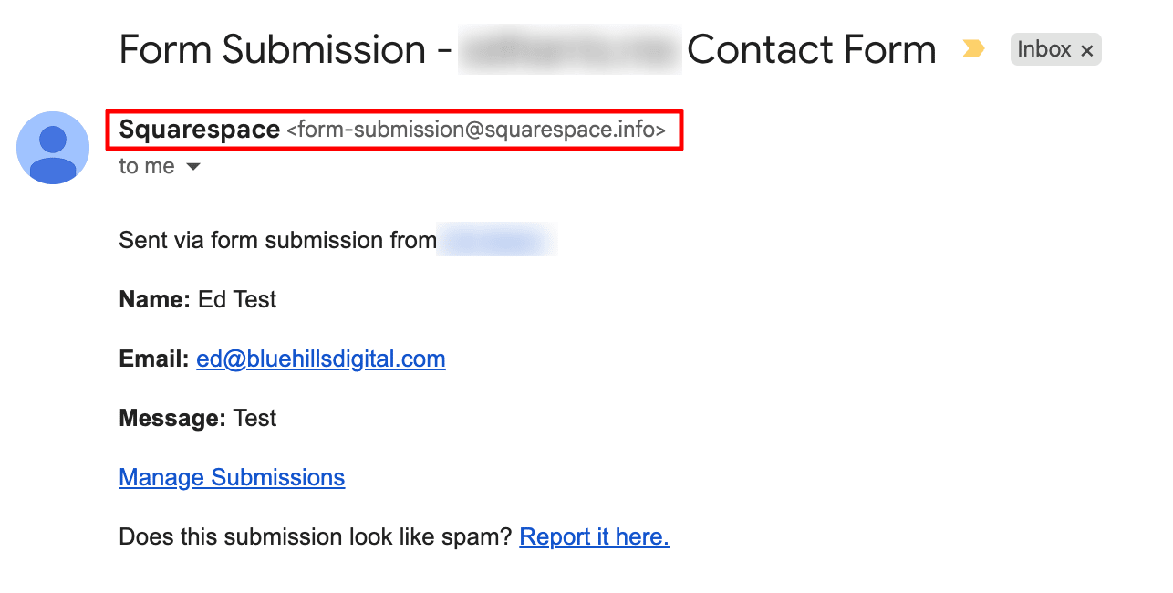 Screenshot showing a form submission notification email sent from Squarespace.