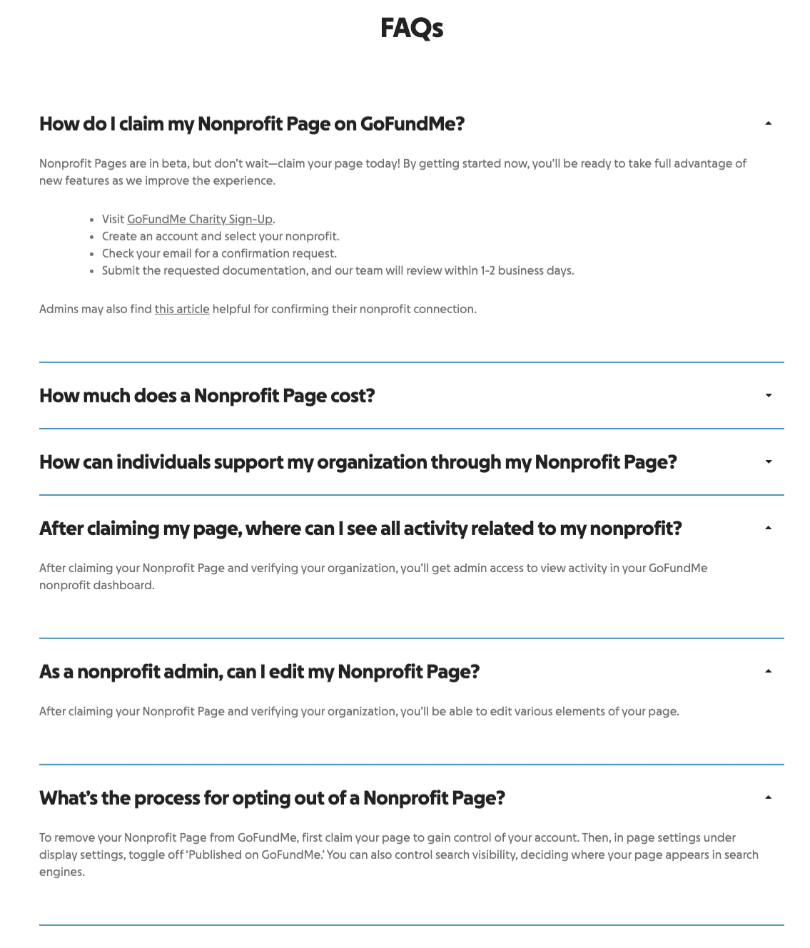 Screenshot of the FAQs section of the linked GoFundMe webpage