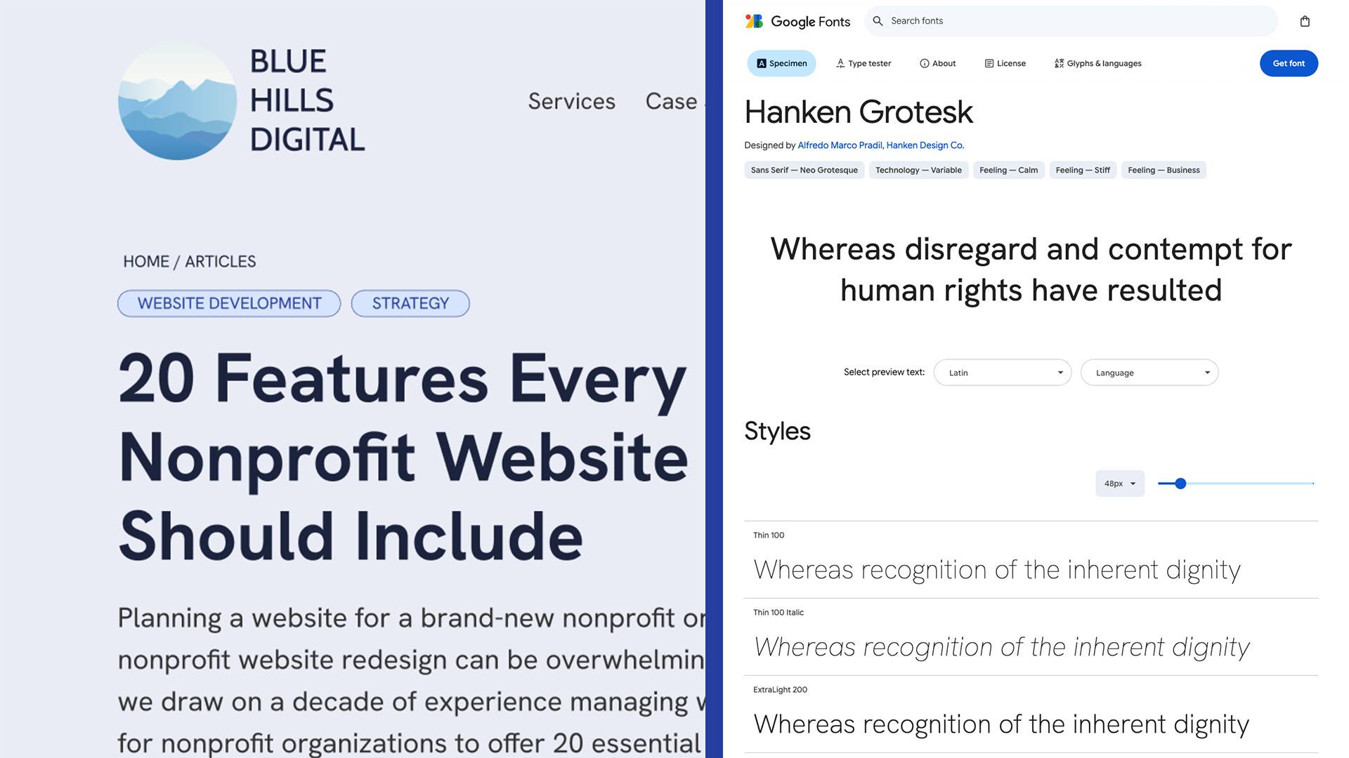 Screenshot illustrating Hanken Grotesk in a mockup, and the font page on Google Fonts