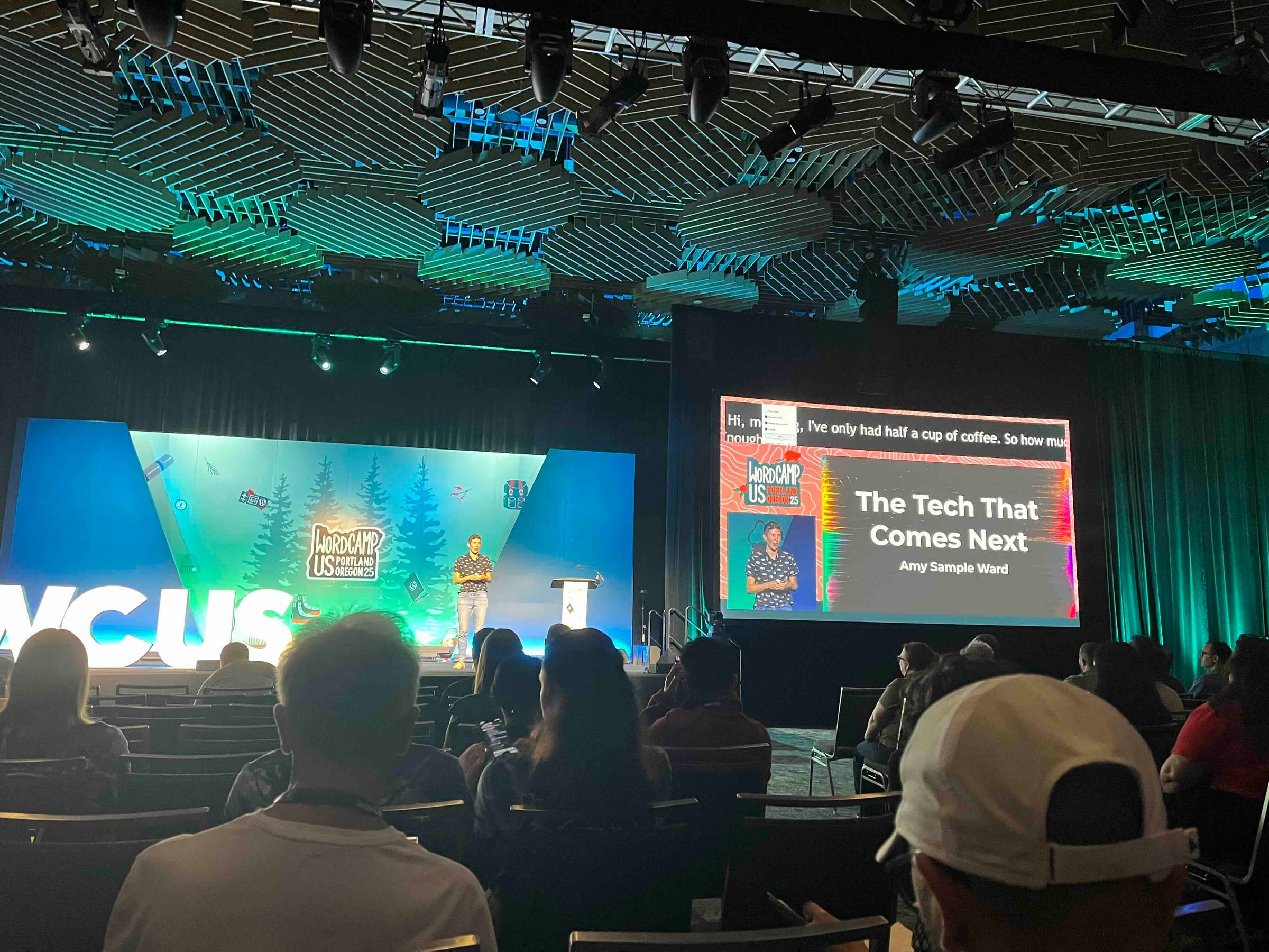 Amy Sample Ward delivering the opening keynote at WordCamp US 2025