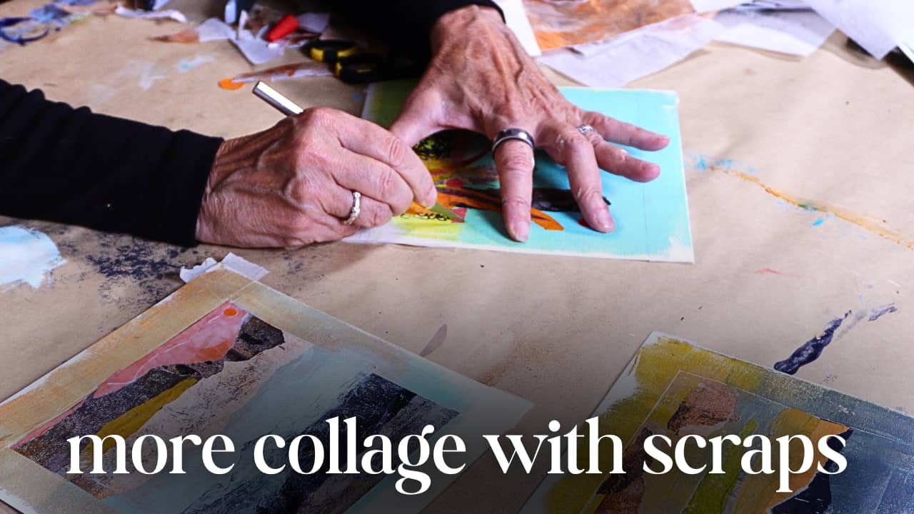 Jackie's hands working on a collage, gluing colorful painted paper scraps onto a turquoise background, with finished landscape collages visible on the work table