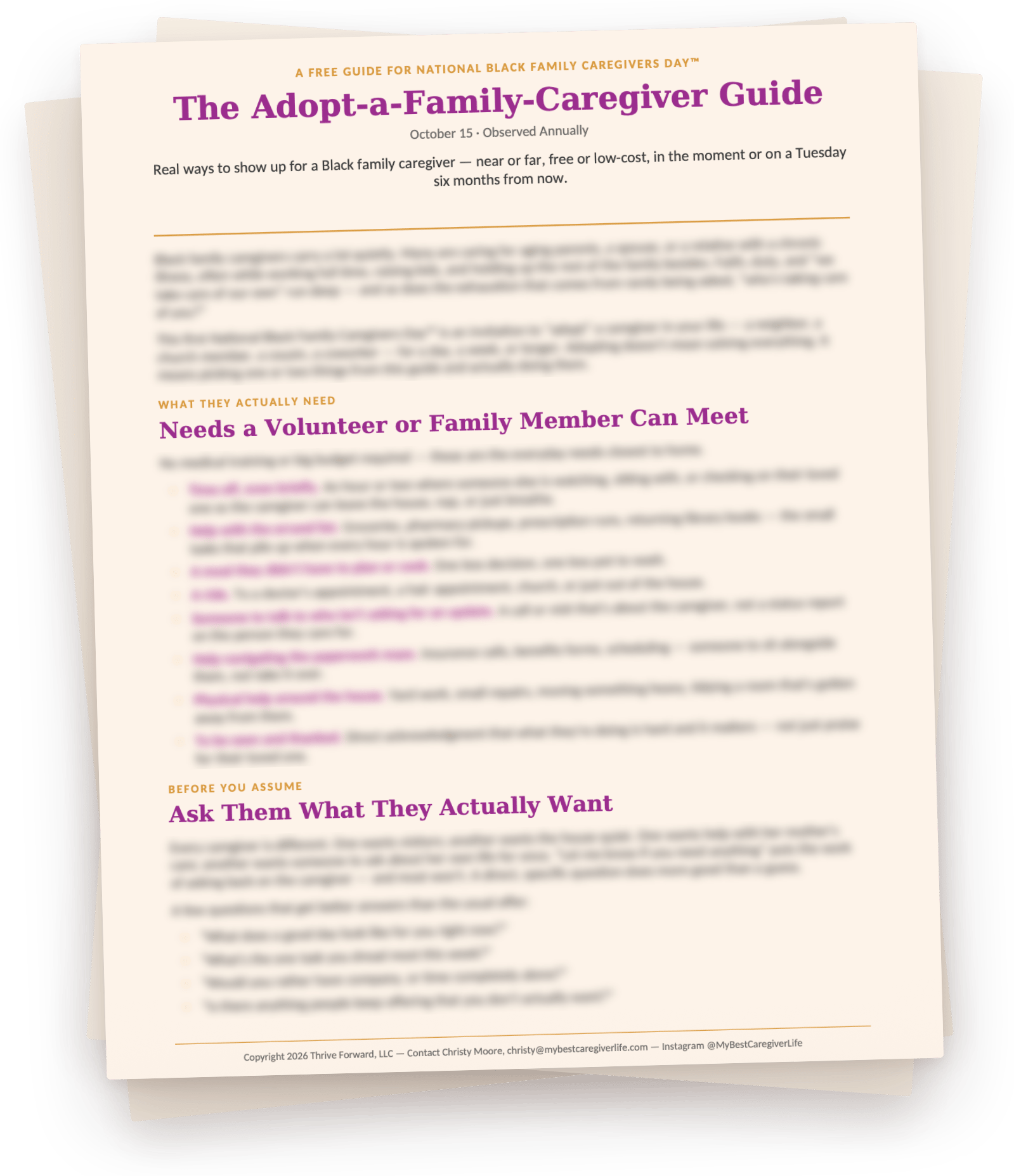 a semi-blurred image of the front page of the Adopt-a-Family Caregiver Guide