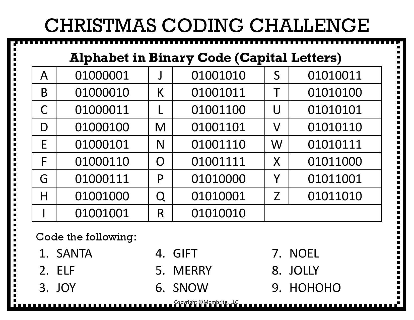 Free Christmas Binary Alphabet Chart