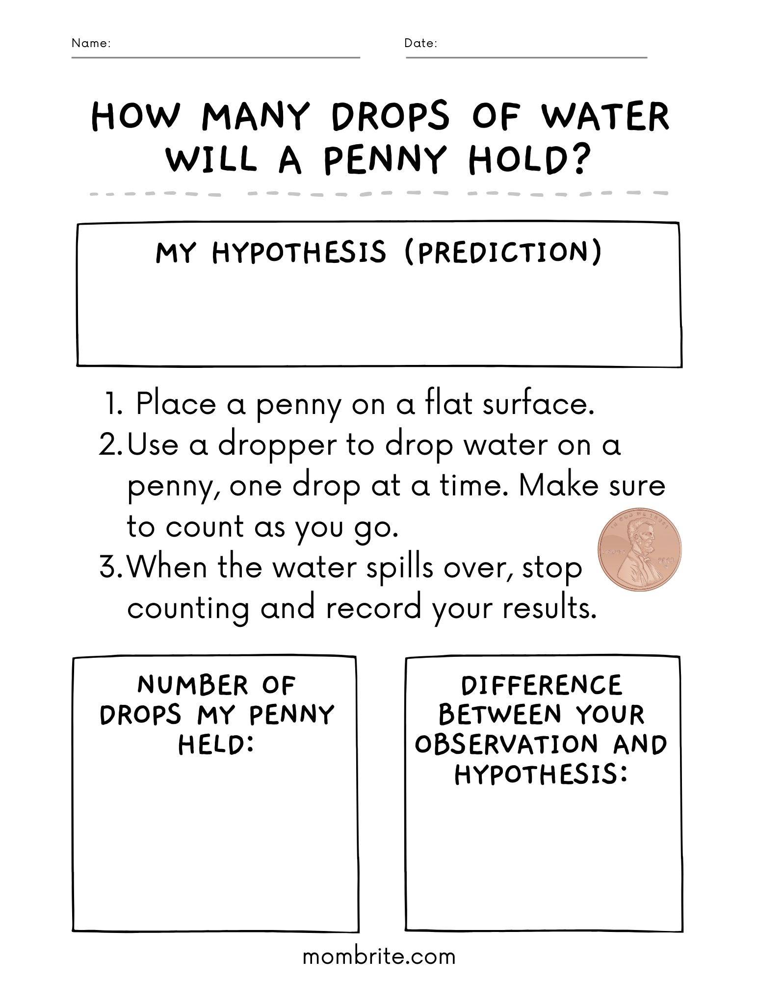 Free Drops of Water on a Penny Worksheet