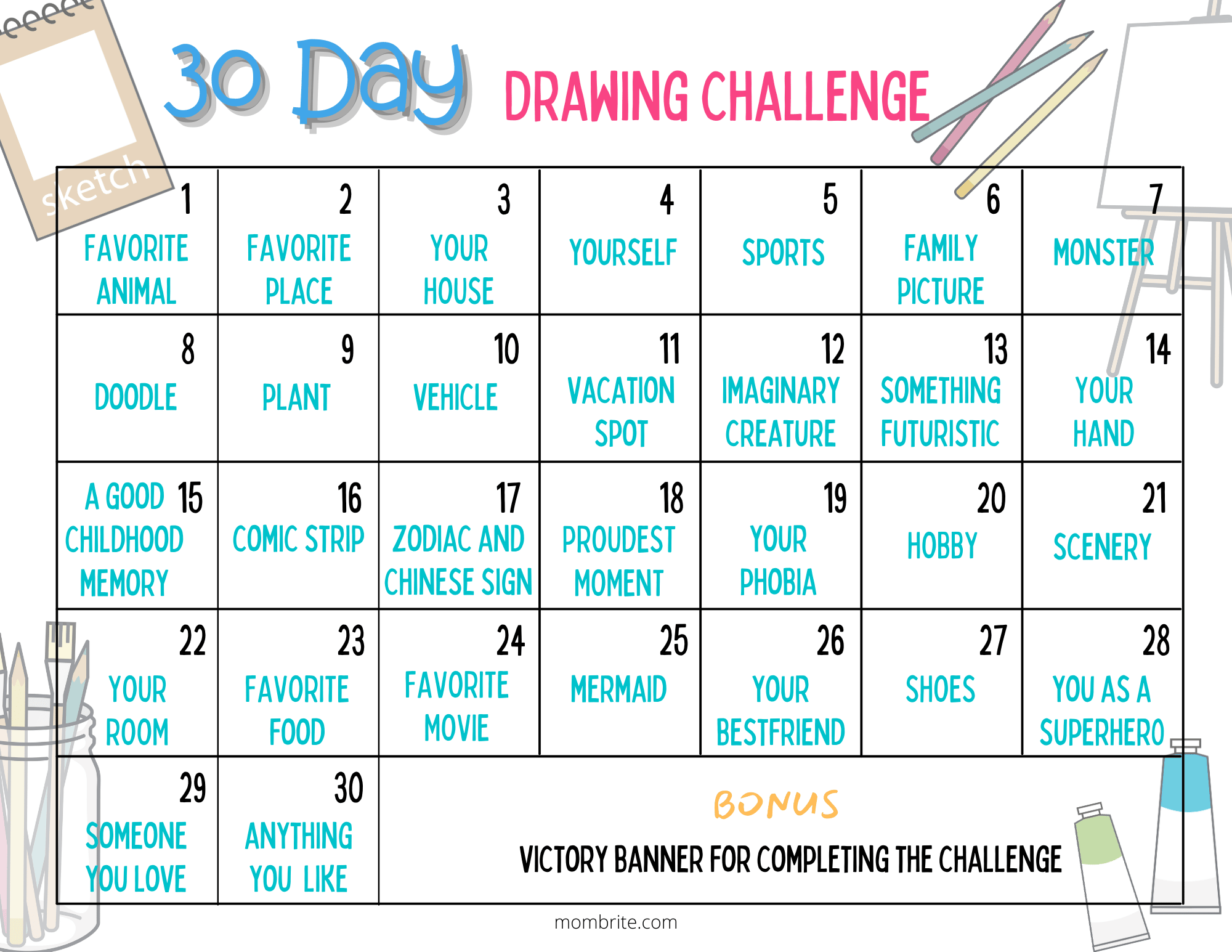 February Drawing a Day Challenge with FREE Printable! Get Creative!