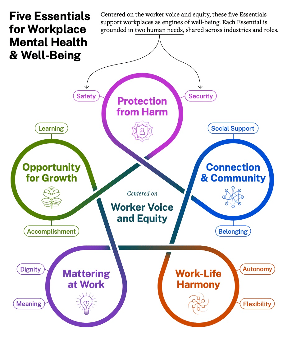 The U.S. Office of the Surgeon General identifies five essential components of mental health and well-being at work that include: protection from harm, connection & community, work-life harmony, mattering at work, and opportunity for growth.