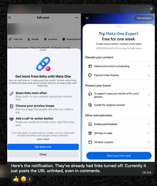 Facebook notification reading 'You can add links to 1 more post this month', the prompt appearing for Pages and Professional Mode profiles caught in Meta's link-limit test