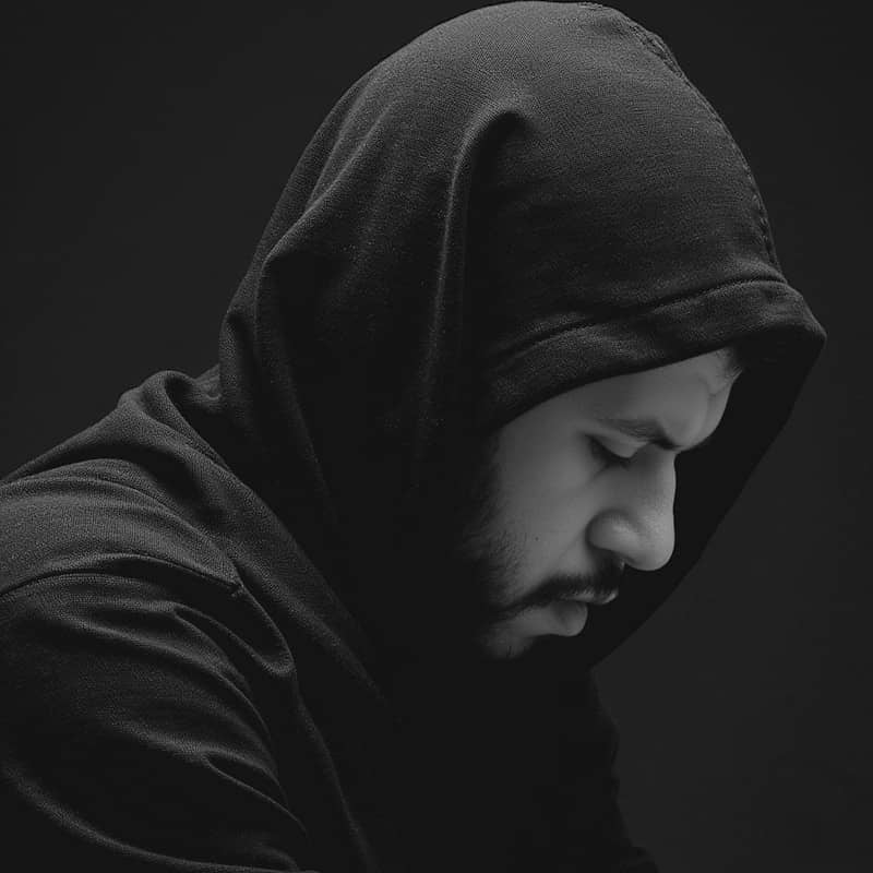Man in a hoodie looking down, in black and white.