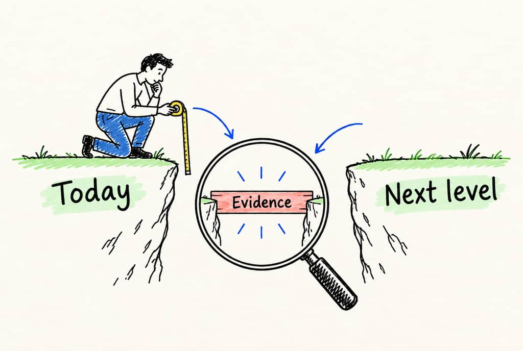 Hand-drawn gap between Today and Next level, with Evidence shown as the bridge.