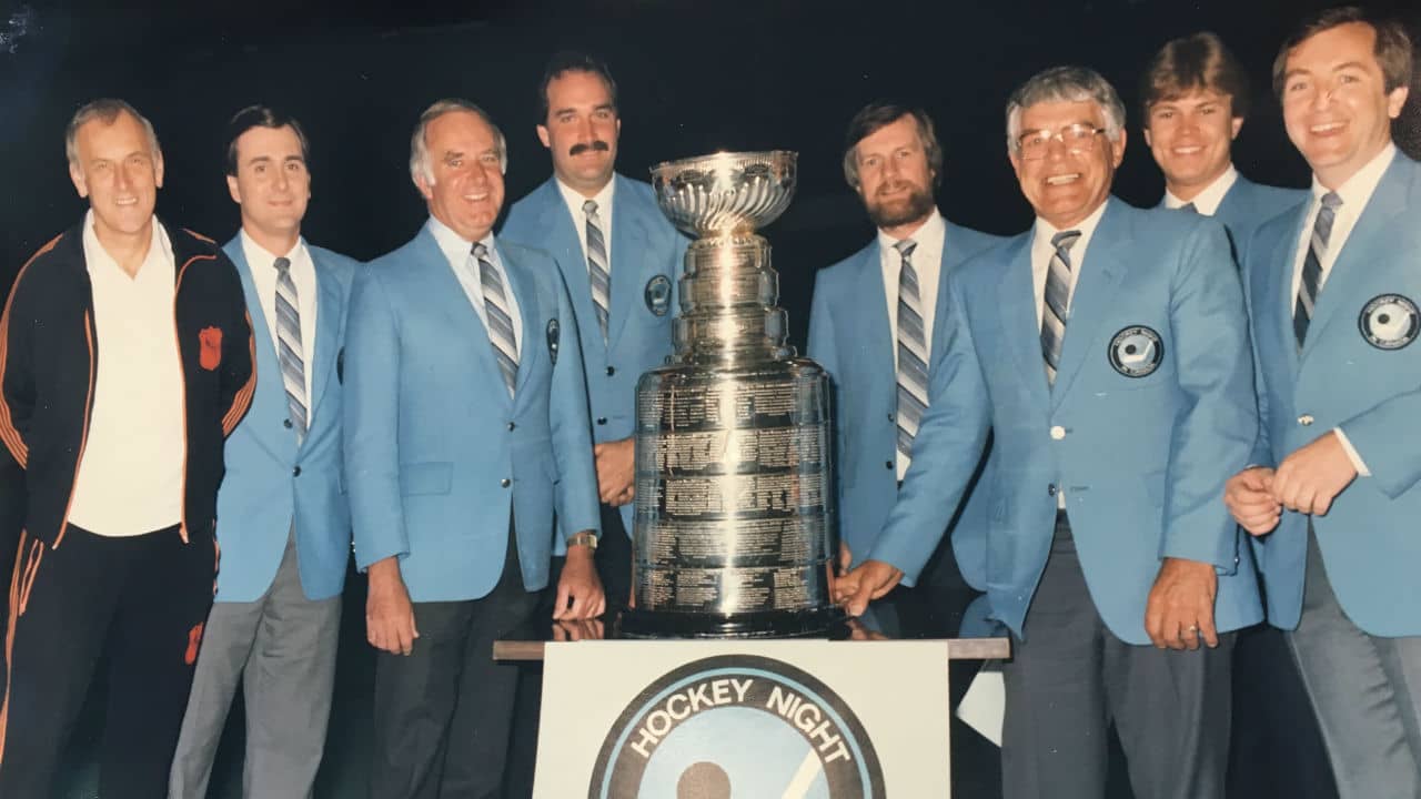 A group of "Hockey Night In Canada" figures at the 1985 Stanley Cup Final. (Sportsnet.ca.)