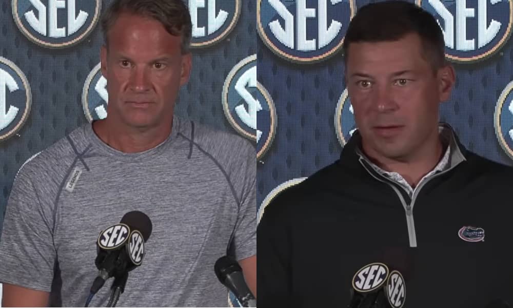 Lane Kiffin (L) and Jon Sumrall at the spring SEC Media Days in 2026. (That SEC Podcast on YouTube.)