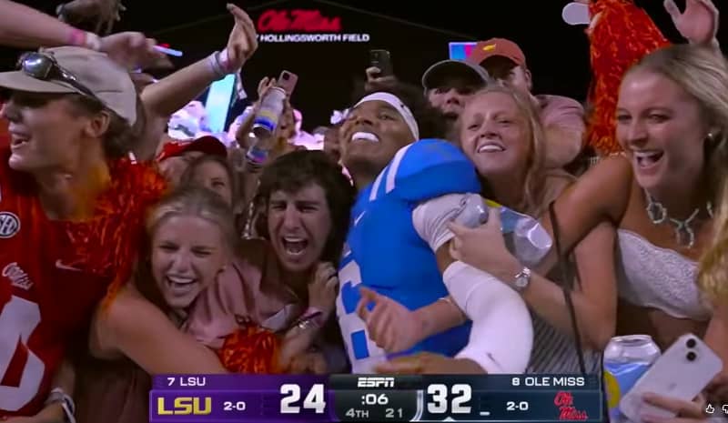 Ole Miss QB Trinidad Chambliss celebrates beating LSU. (ESPN on YouTube.)