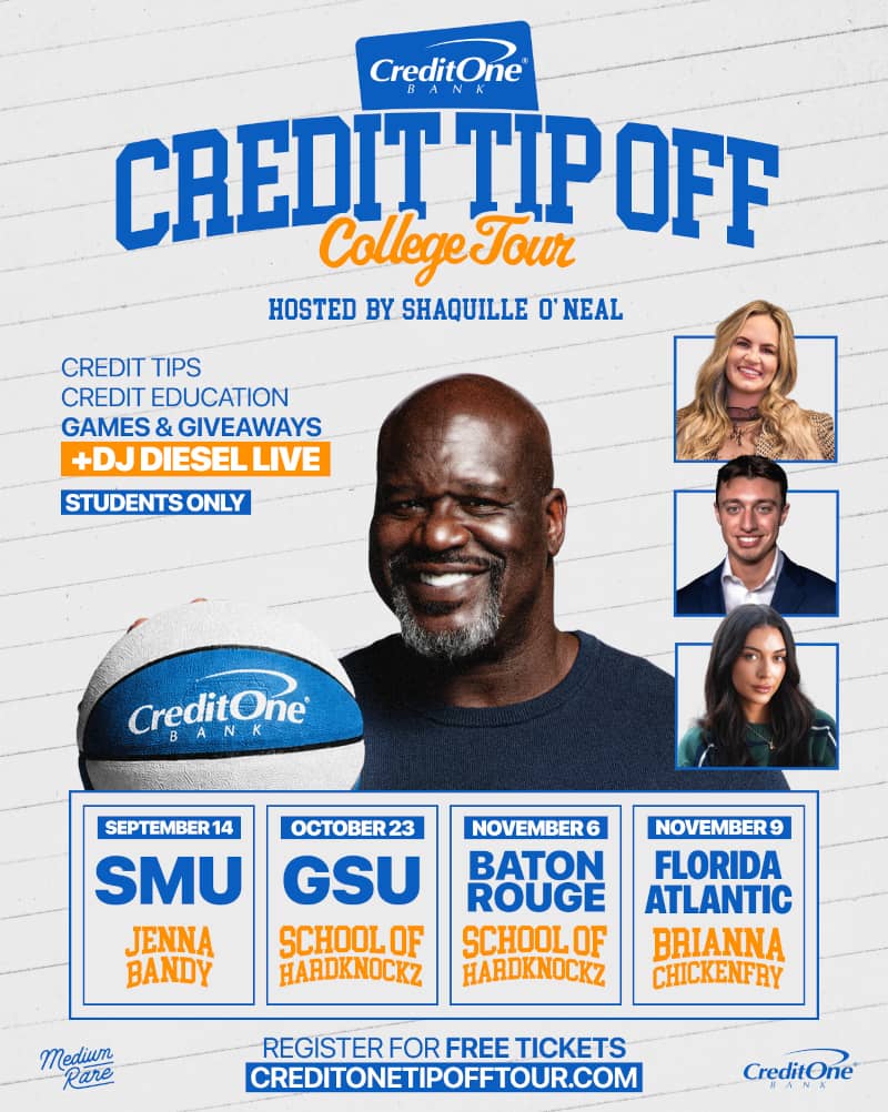 A poster for Shaq's Credit Tip Off Tour with Credit One Bank.