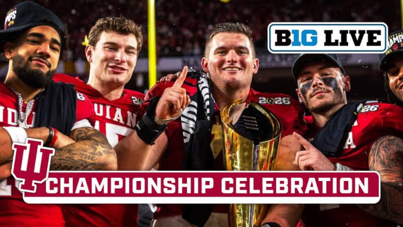 A graphic of Indiana Hoosiers players celebrating their 2025-26 college football national title. (Big Ten Football on YouTube.)