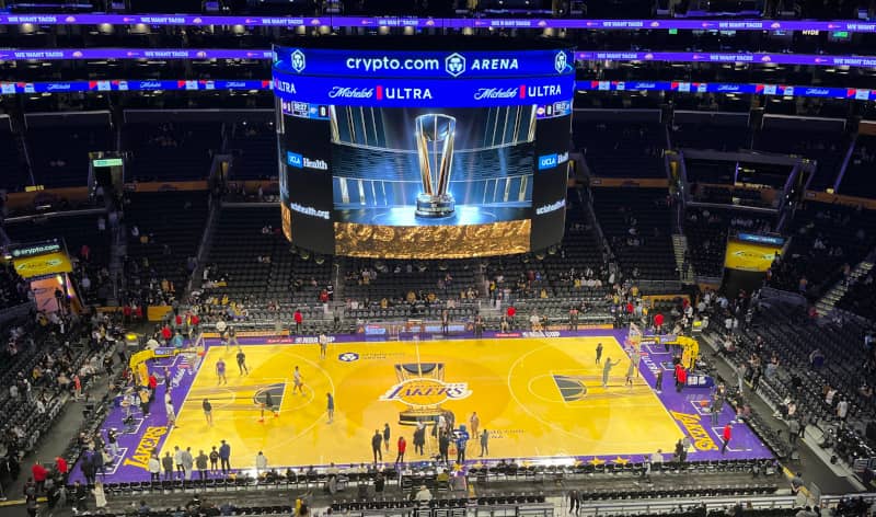 The Lakers' 2024 NBA Cup court. (Image from Troutfarm27 ?on Wikimedia Commons?.)