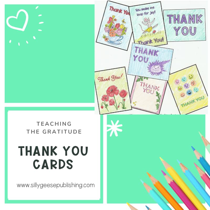 Promotional graphic for free printable thank you cards for kids. The image features seven colorful, child-friendly thank you card designs, including flowers, a dancing mouse, smiley faces, a cheerful purple character, and decorative lettering. The title "