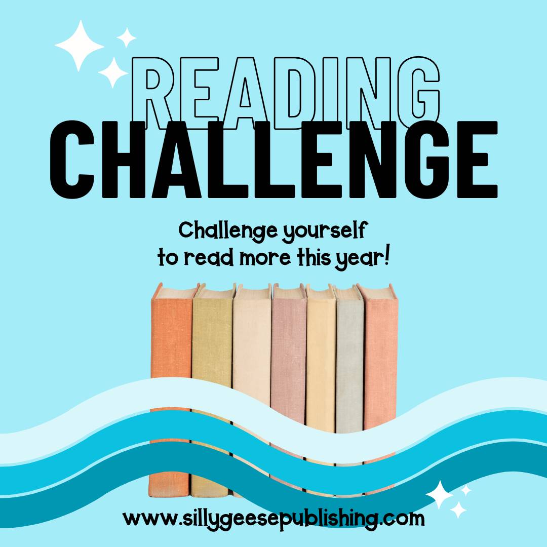 Image reads "Reading Challenge" In large font then, "Challenge yourself to read more this year!" on a blue background with a lineup of book spines pictured.