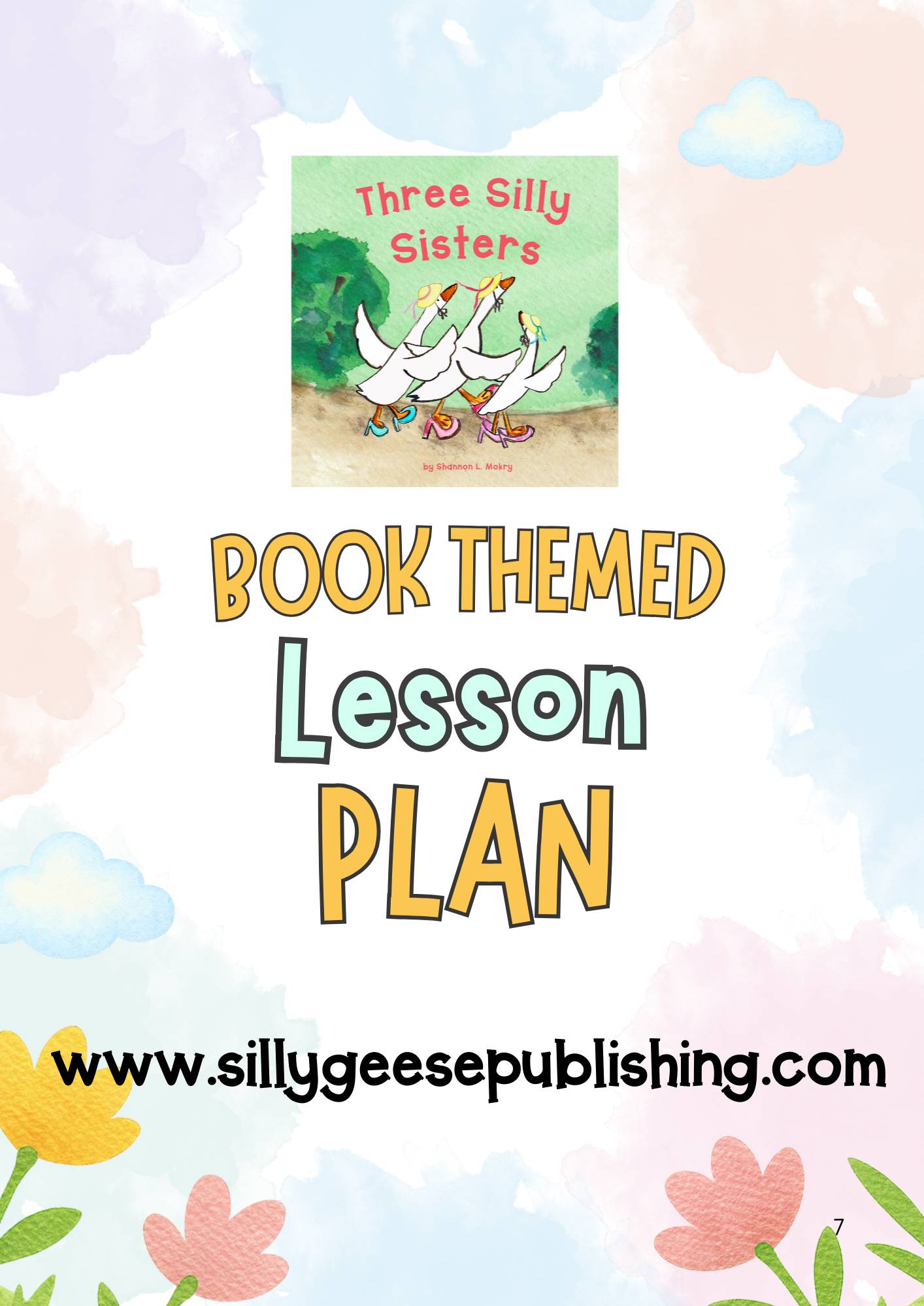 The words Book Themed Lesson Plan and a cover image of the book "Three Silly Sisters"