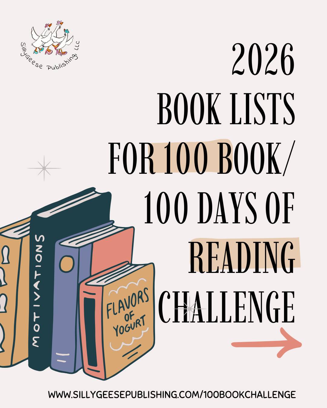 Image has a lineup of book spines and reads "Book lists for 100 Book/100 Days of Reading Challenge