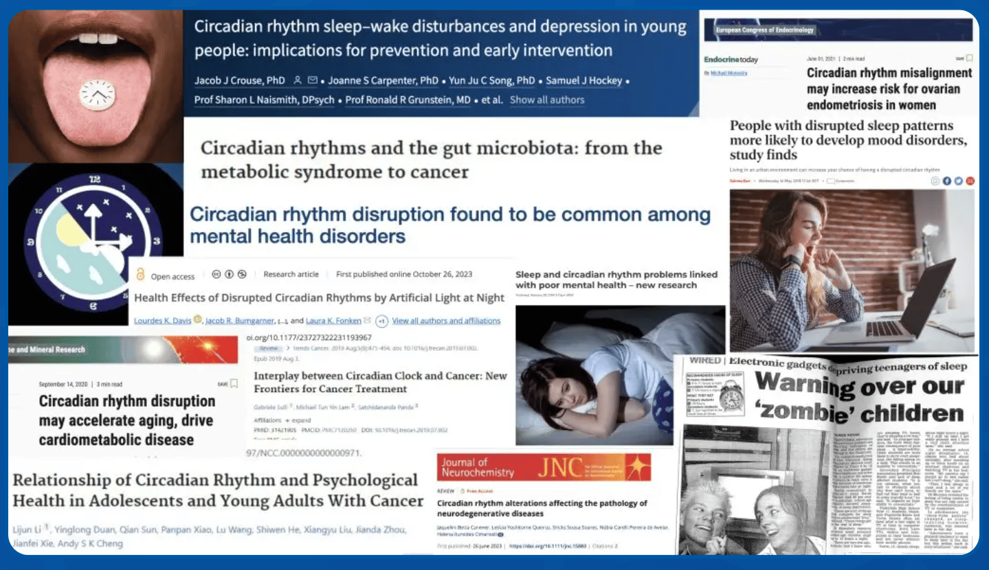 An image of various news headlines about the growing problems associated with circadian rhythm disruption.