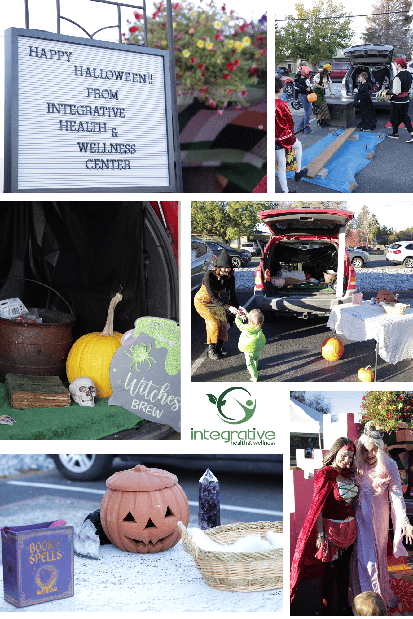 a collage of photos taken at the trunk or treat event. Spellbook, pumpkin, trunk-or-treat