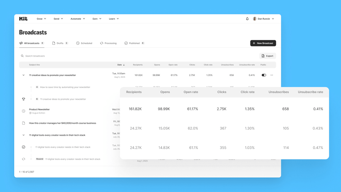 Broadcasts: New table view for better email insights