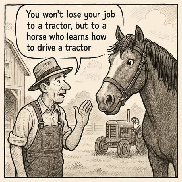 Farmer to horse: “You won’t lose your job to a tractor, but to a horse who learns how to drive a tractor.”