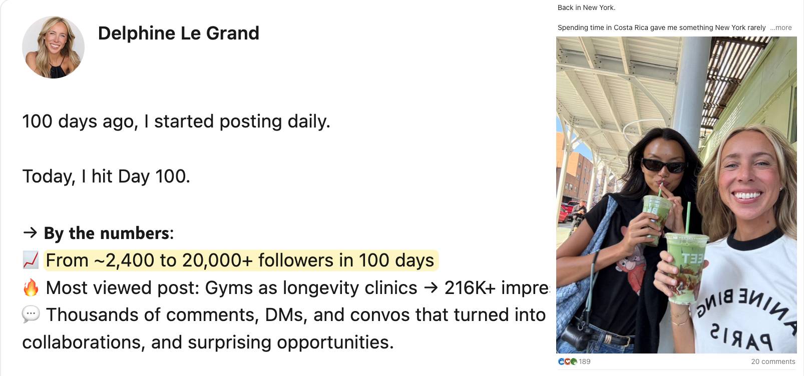 Delphine Le Grand Grew from 2,400 to 20,000+ followers by posting every day for 100 days 