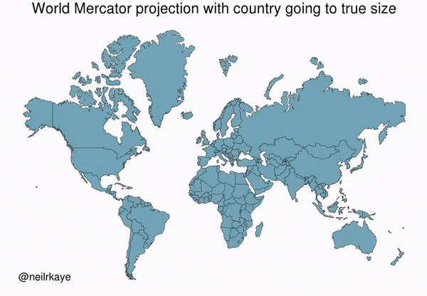 Animation of how country sizes are distorted with the merator map projection