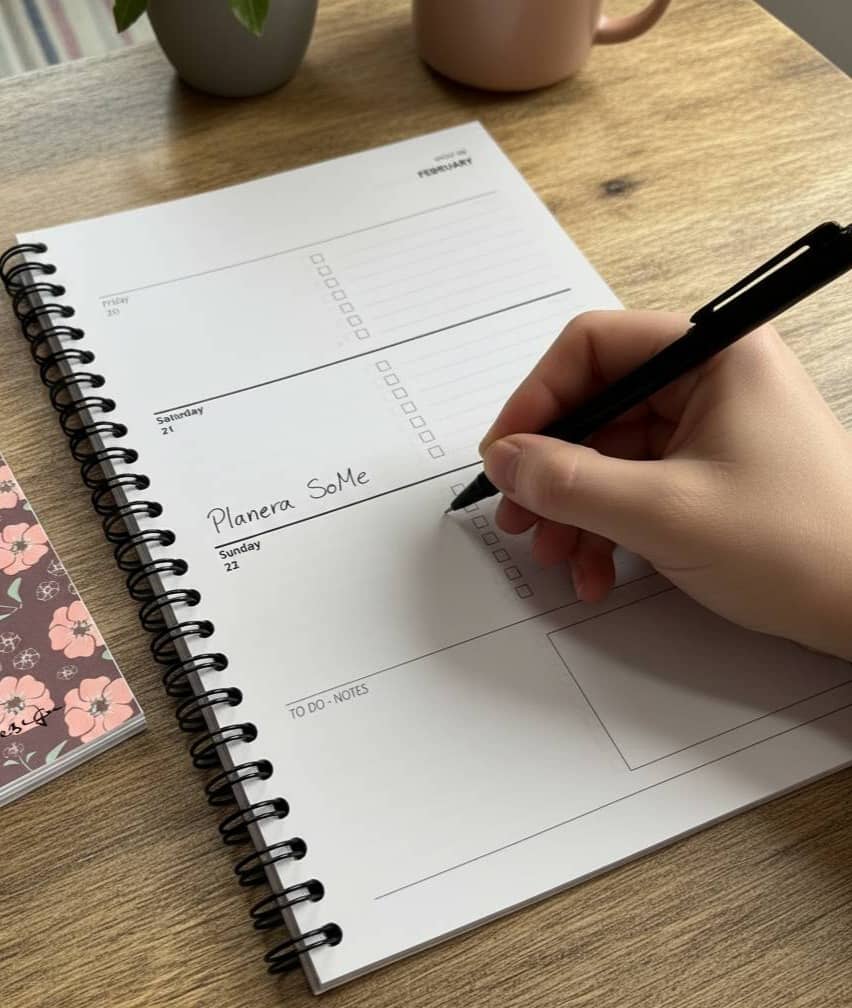 kalender med rosa blommor på brun botten