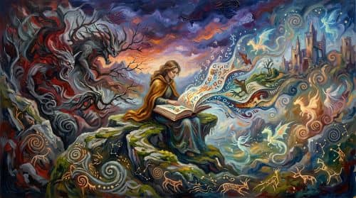girl reading in a fantasy world with indigenous iconography