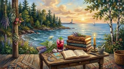 michigan summer in nature with books on table