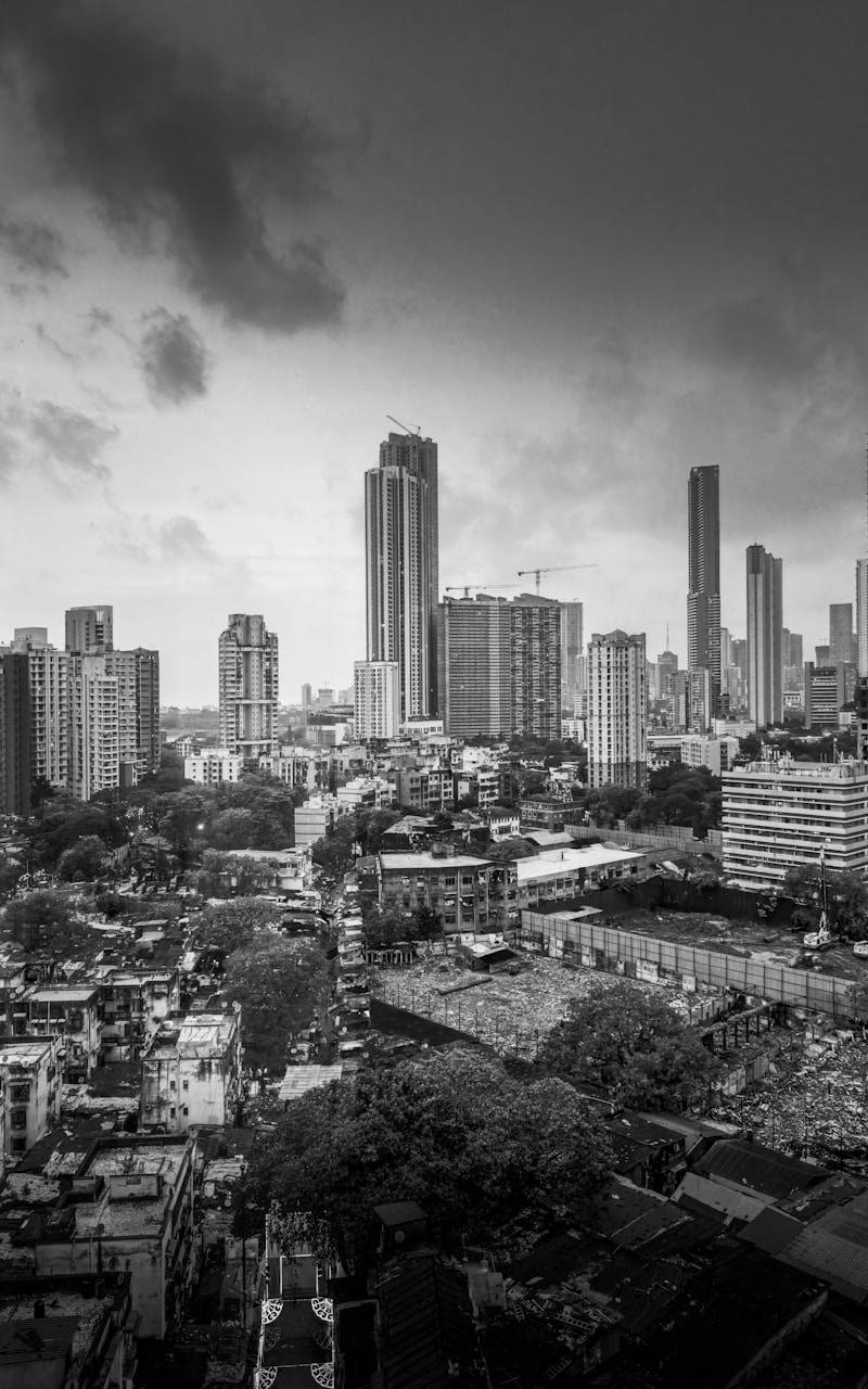Monochromatic cityscape with dense buildings and cloudy sky.