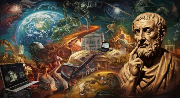 montage of philosophers, climate change, social media, and reading