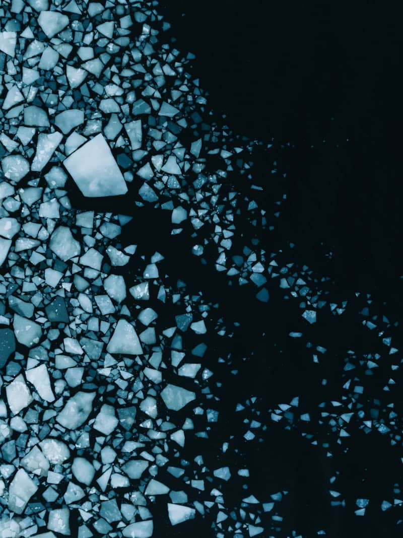 Cracked ice pieces floating on dark water surface.