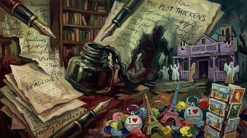 collage of horror, tourism, and writing images