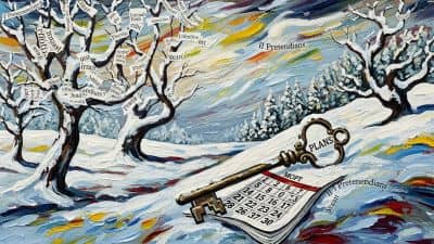 a winter scene with resolutions and words scattered across it