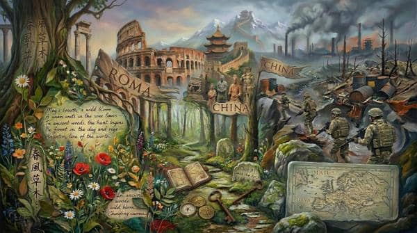 Collage of ancient Rome and China, of mercenaries, of spring but also eco-catastrophe