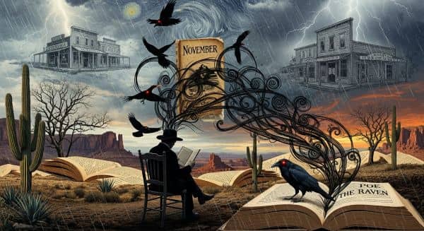 a montage of topics from the newsletter including edgar allan poe and western adventure themes