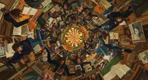 a distorted collage of students and books sucked into a horror vortex, a combination of the newsletter topics